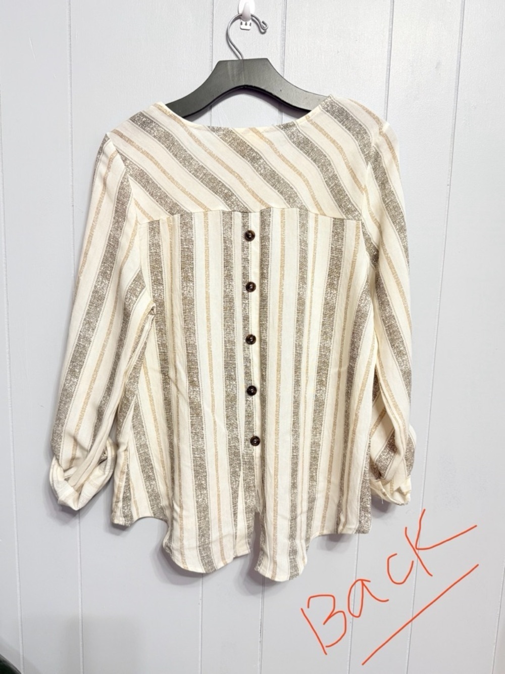 #7)  Sweet Wanderer Cream and Brown Striped Button-Back Blouse